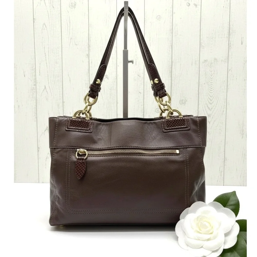 Coach Brown Leather Embossed Snakeskin Trim‎ Tote Shoulder Bag Purse Handbag - Picture 2 of 13